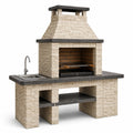 Barbecue extérieur avec évier en pierre reconstituée beige et gris foncé, 200 x 70 x 230 cm