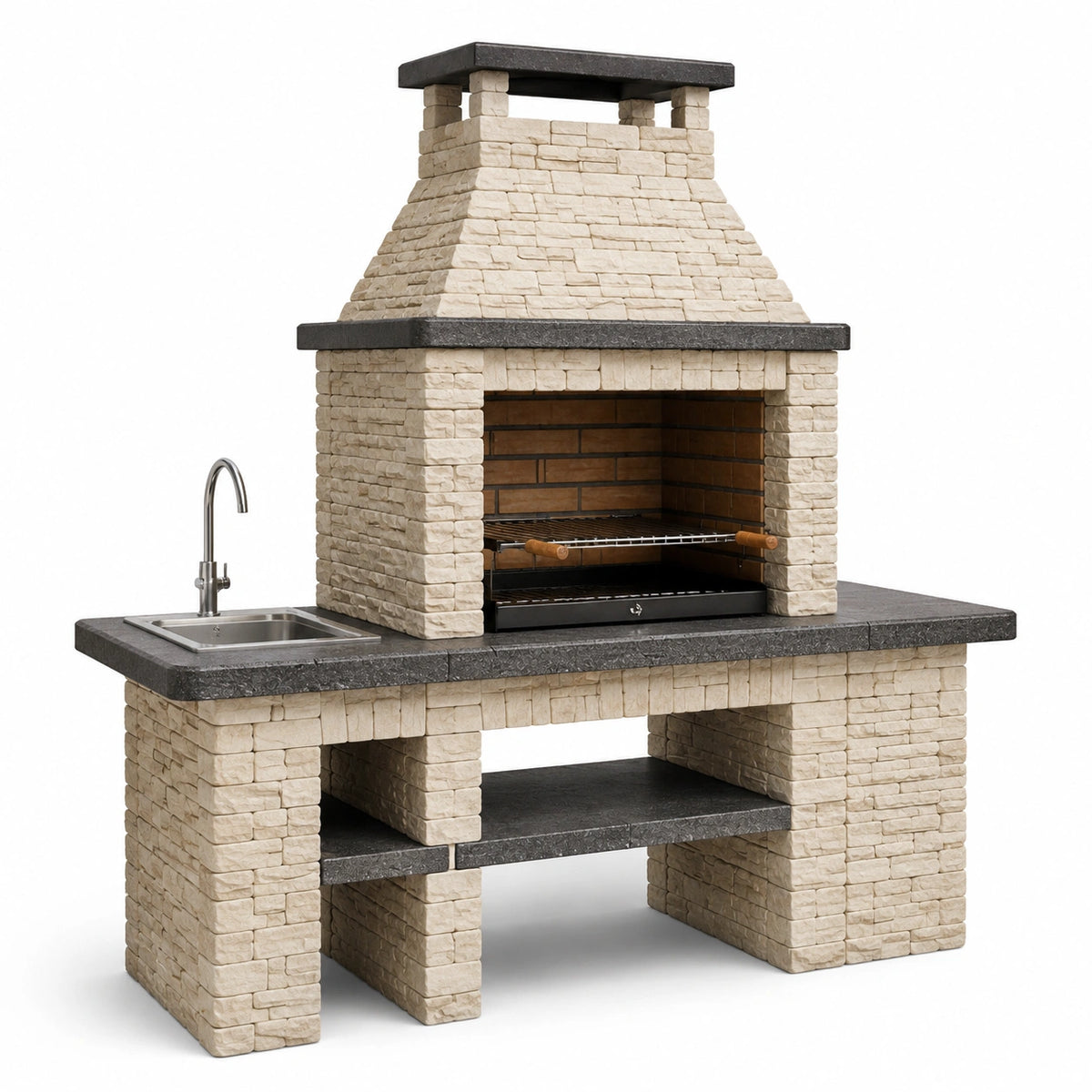 Barbecue extérieur avec évier en pierre reconstituée beige et gris foncé, 200 x 70 x 230 cm