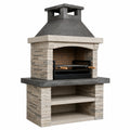 Barbecue de jardin en pierre reconstituée beige et grise avec hotte et gril réglable, 110 x 65 x 220 cm