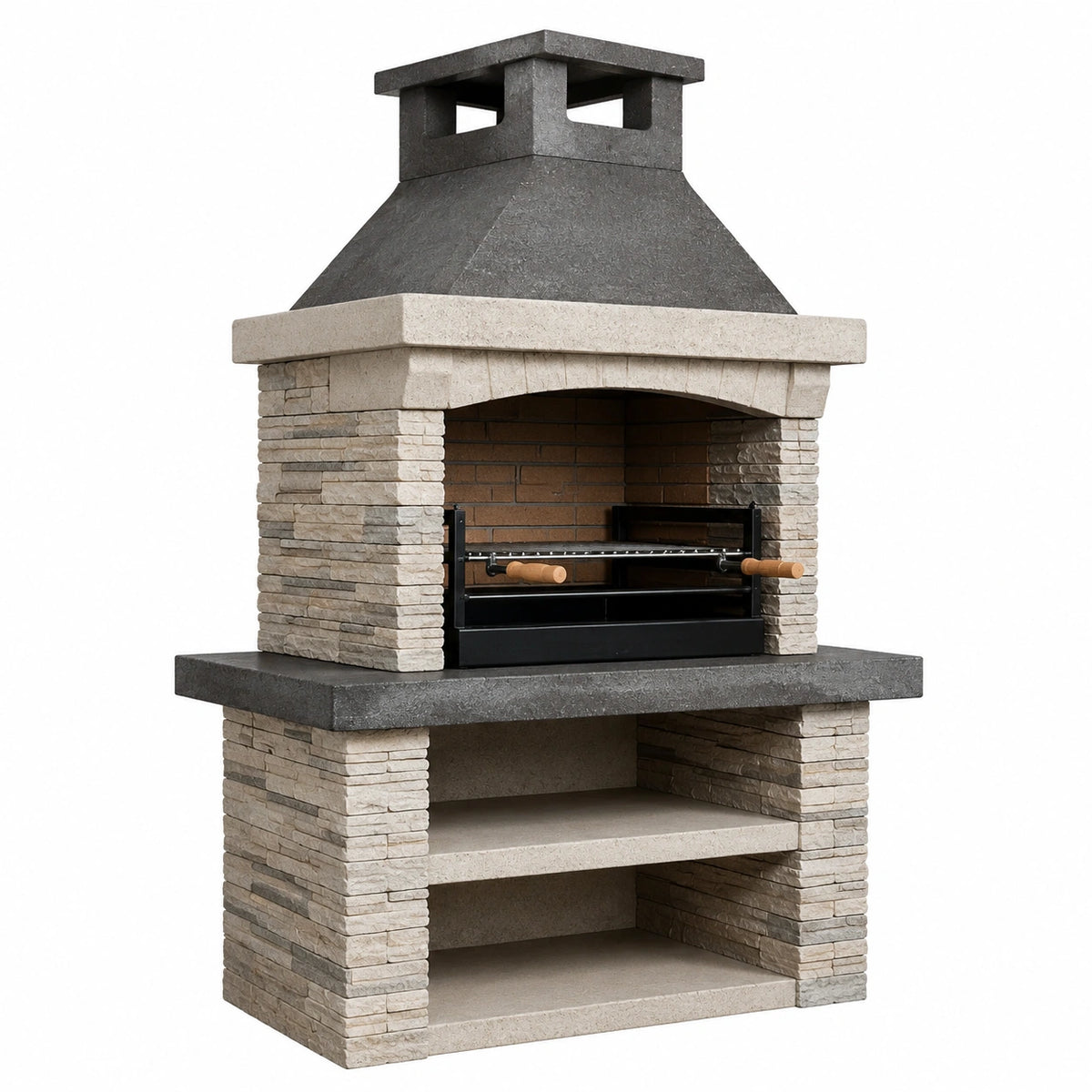 Barbecue de jardin en pierre reconstituée beige et grise avec hotte et gril réglable, 110 x 65 x 220 cm
