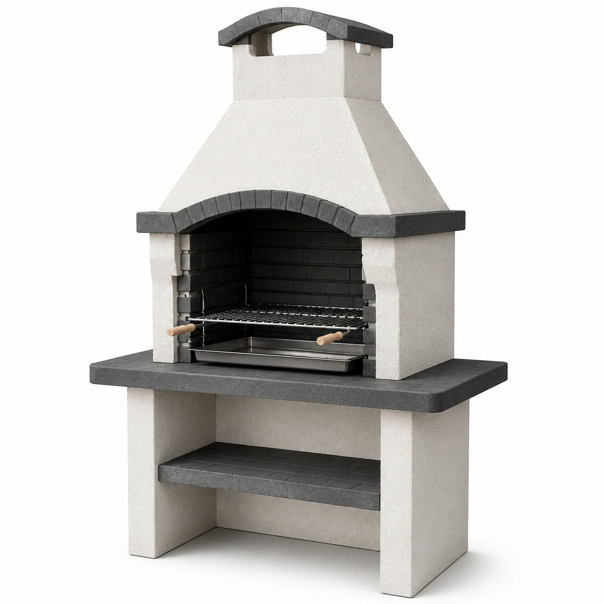 Barbecue fixe en béton blanc, gris et noir avec grille réglable, 110 x 65 x 210 cm