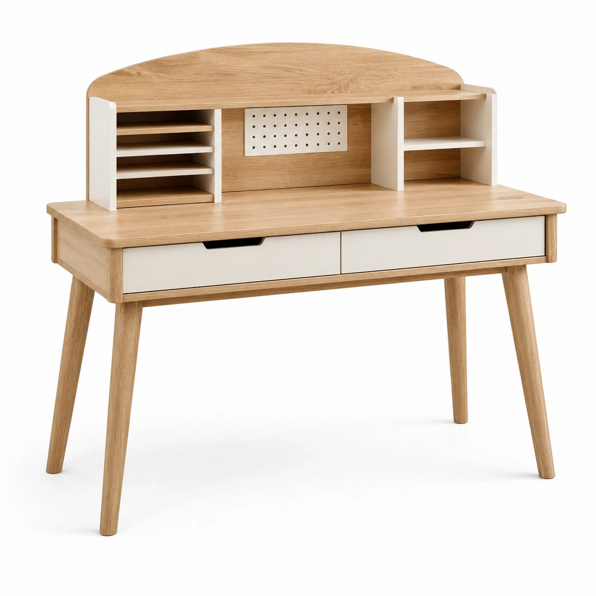 Bureau avec rangements, 2 tiroirs et niches, 120 x 60 x 115 cm, chêne naturel et blanc