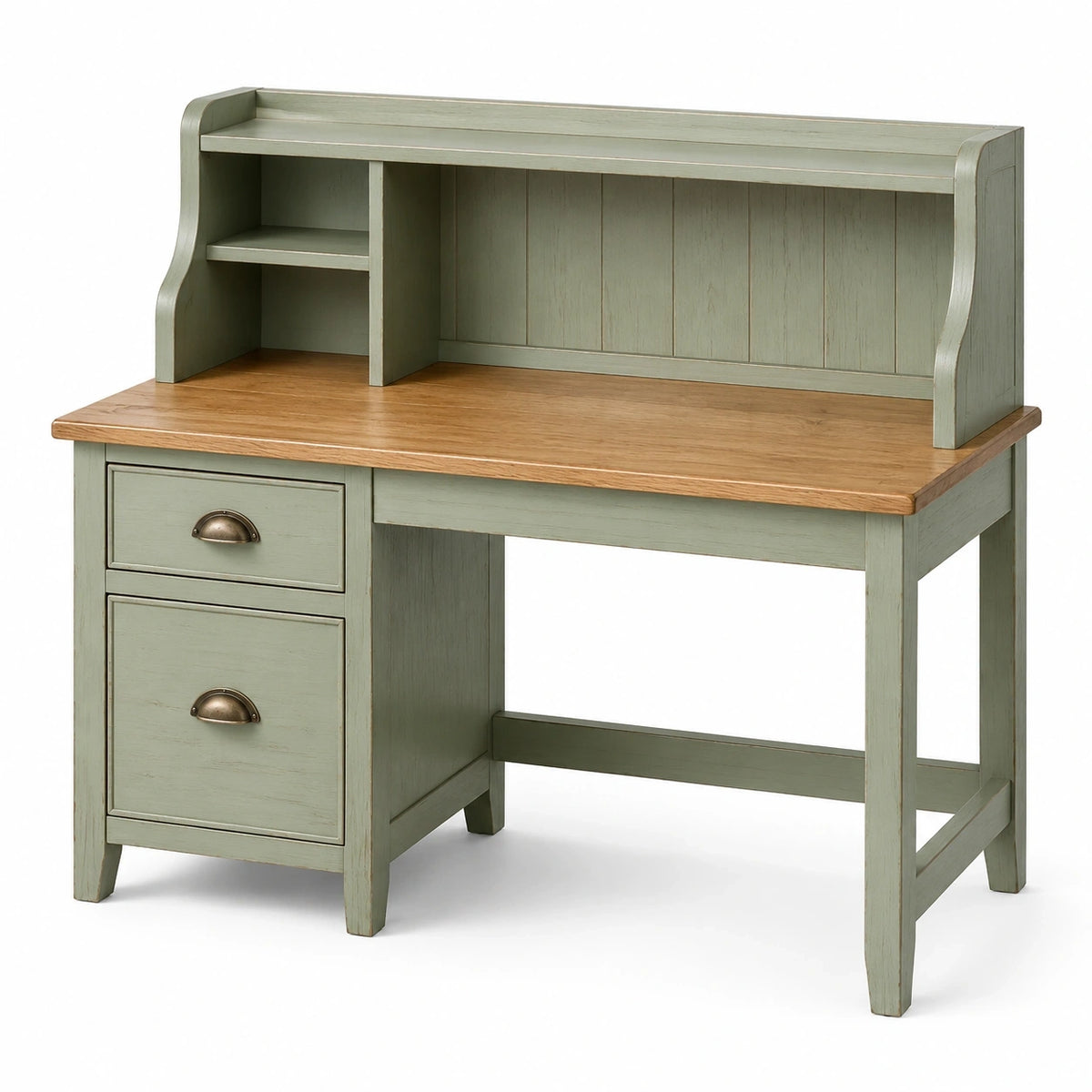 Bureau avec surmeuble et rangements, 120 x 60 x 140 cm, vert sauge et bois naturel