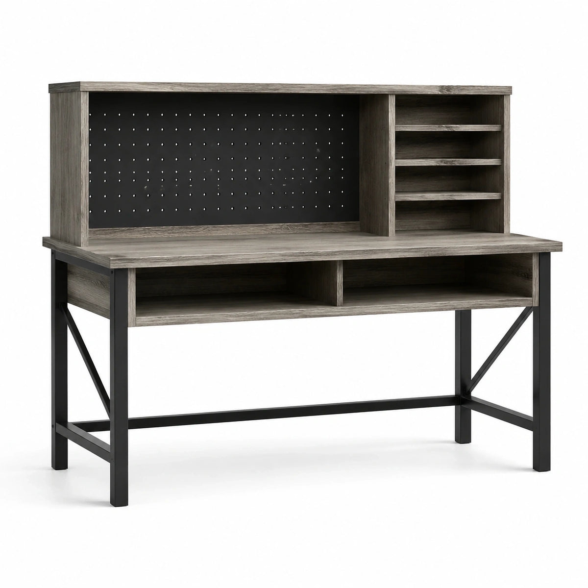 Bureau informatique avec étagères, panneau perforé et rangements, bois gris et métal noir, 120 x 60 x 140 cm