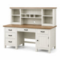 Bureau avec surmeuble, 5 tiroirs, placard et niches, 150 x 60 x 150 cm, blanc cassé, chêne clair et noir