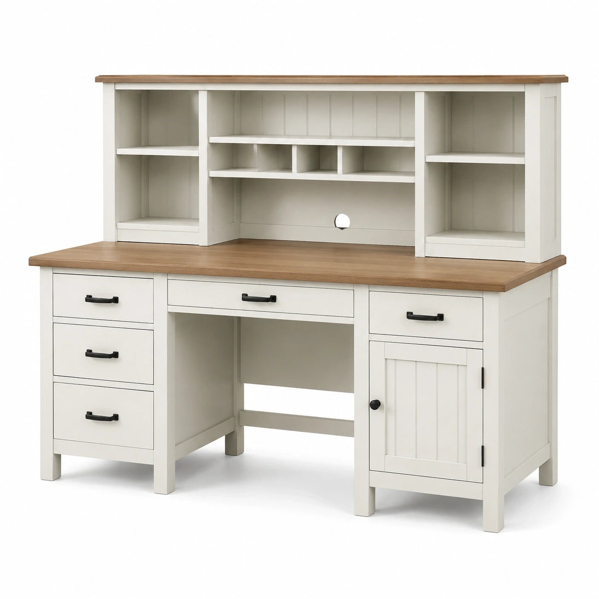 Bureau avec surmeuble, 5 tiroirs, placard et niches, 150 x 60 x 150 cm, blanc cassé, chêne clair et noir
