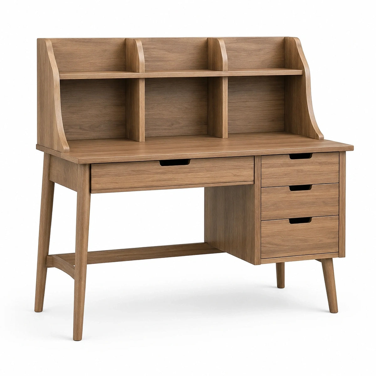 Bureau scandinave avec étagère compartimentée et 4 tiroirs, 120 x 60 x 120 cm, brun effet chêne