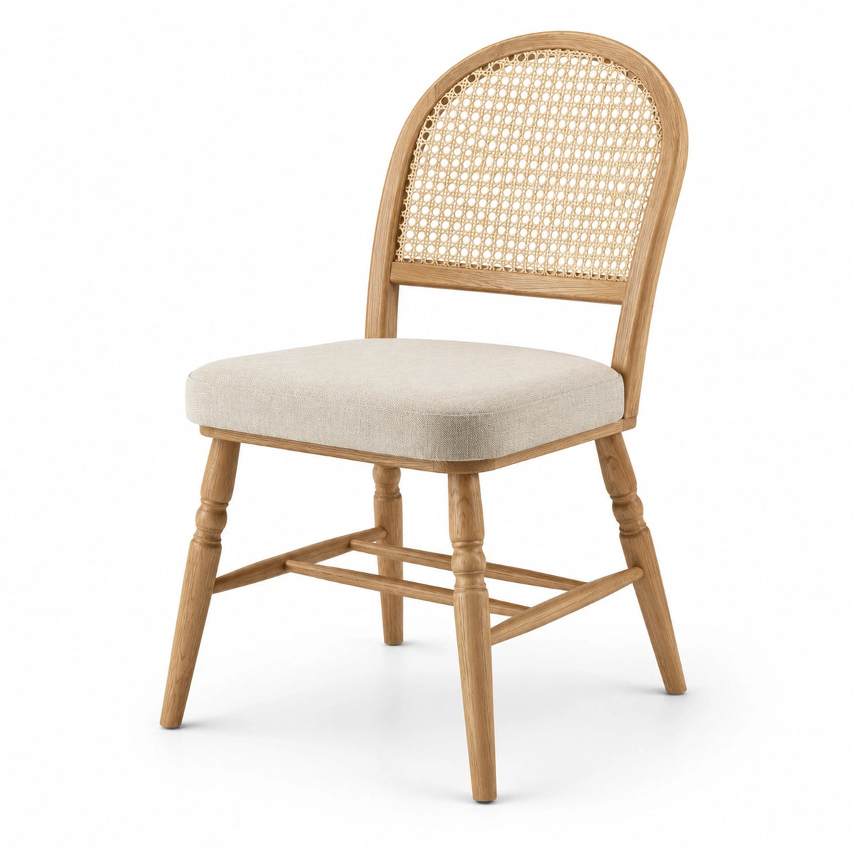 Chaise en bois naturel et cannage avec assise rembourrée beige, 52 x 58 x 86 cm