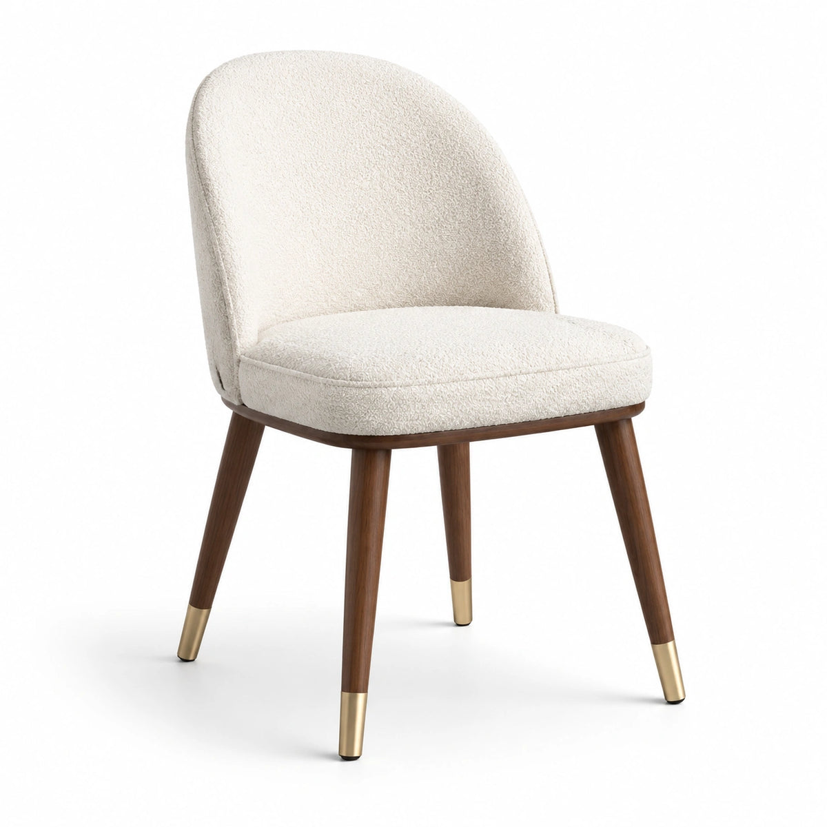 Chaise rembourrée en tissu bouclé blanc cassé avec pieds marron et embouts dorés, 54 x 59 x 82 cm
