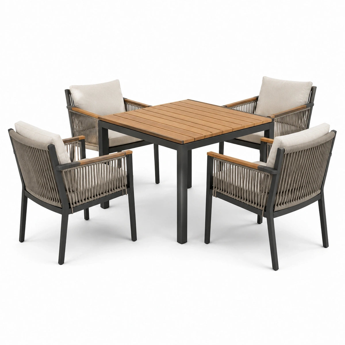 Table carrée 100 x 100 x 75 cm avec 4 fauteuils 61 x 62 x 84 cm en métal, bois et corde tressée, anthracite, brun, grège et beige