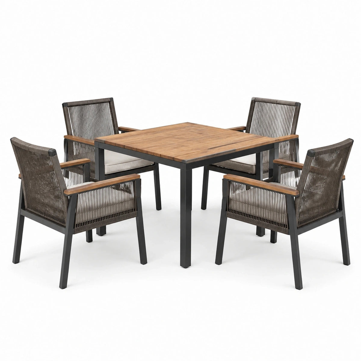 Ensemble repas de jardin 5 pièces marron, noir et beige avec table carrée 100 x 100 x 75 cm et 4 fauteuils 58 x 60 x 88 cm