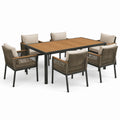 Ensemble repas de jardin 7 pièces avec table de 180 x 100 x 75 cm et 6 fauteuils de 60 x 62 x 85 cm, noir, marron, taupe et beige