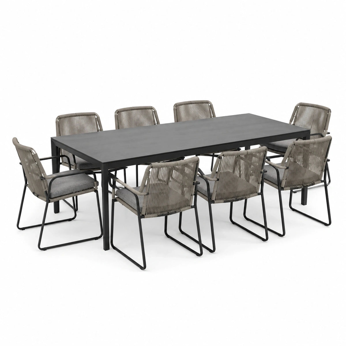 Ensemble repas de jardin 9 pièces noir, gris et taupe, table 220 x 100 x 75 cm et 8 fauteuils 57 x 63 x 84 cm