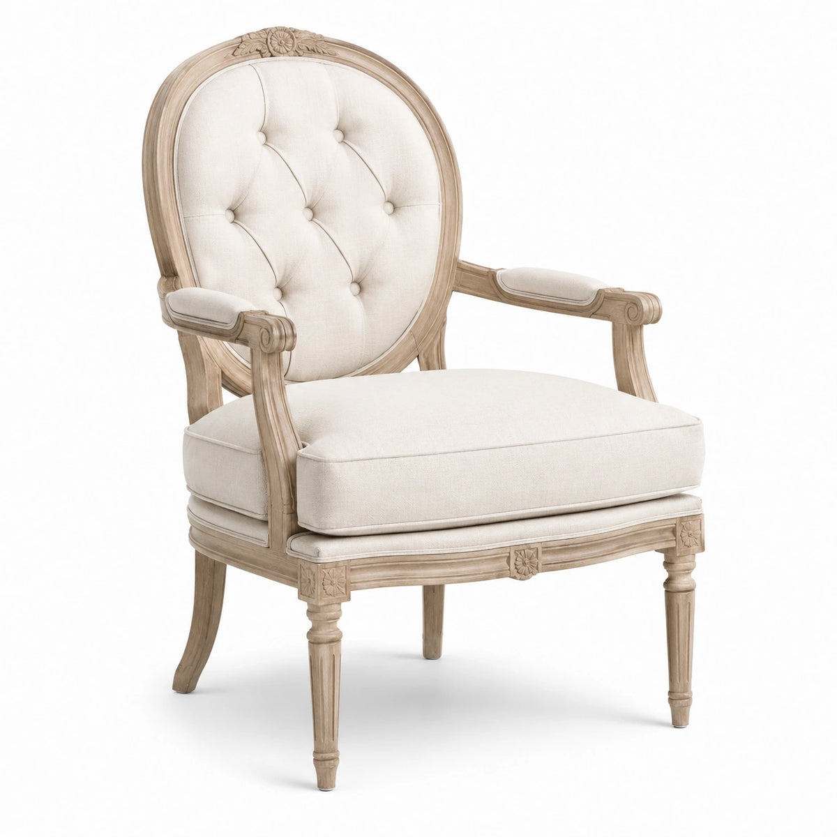 Fauteuil classique capitonné en bois beige et tissu crème, 72 x 78 x 105 cm
