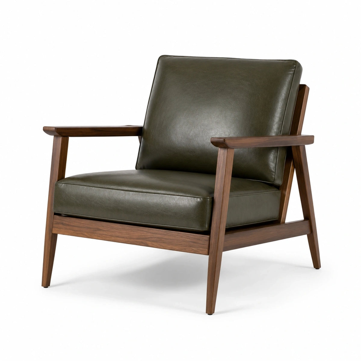 Fauteuil rétro avec accoudoirs en bois brun et revêtement vert olive, 74 x 78 x 82 cm