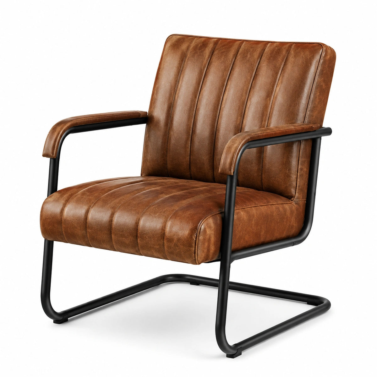Fauteuil rembourré en similicuir brun cognac et métal noir, 72 x 78 x 82 cm, style industriel rétro